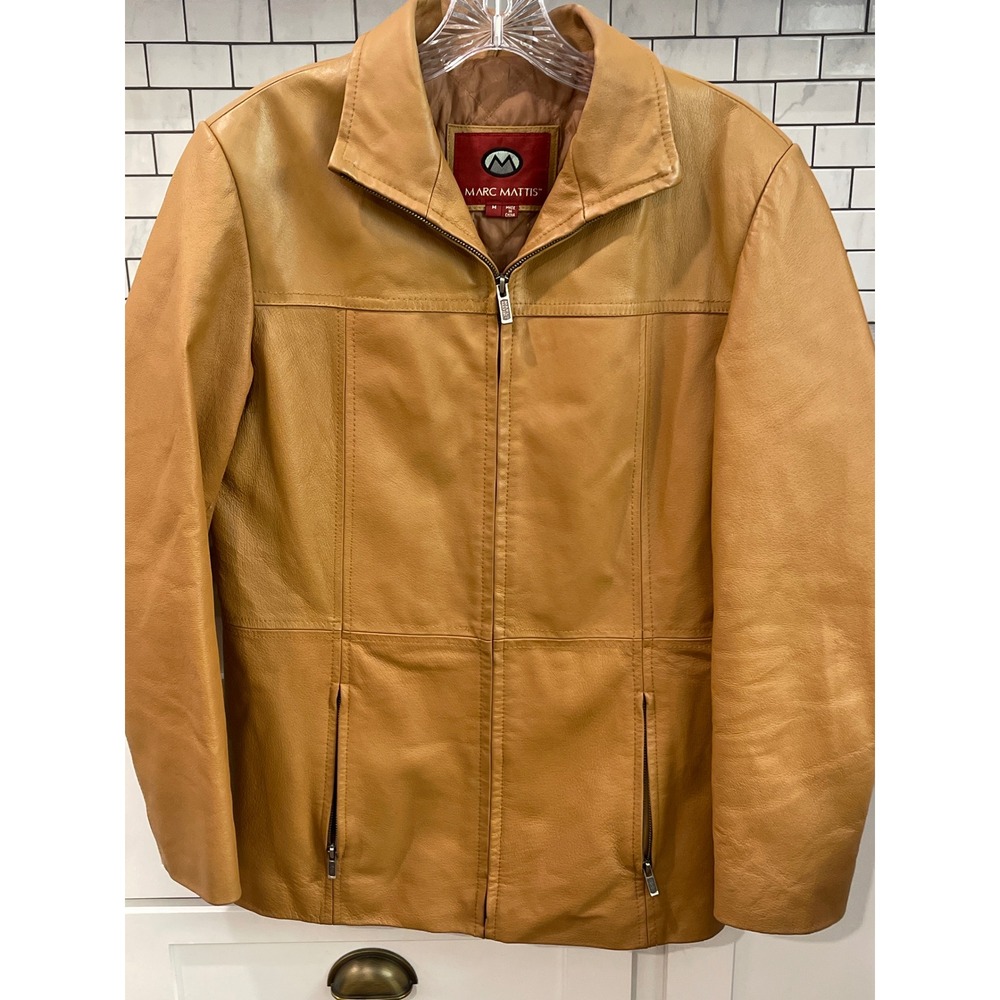 Marc Mattis Jacket Women M Tan Genuine Leather Full Zip Quilted Lined Moto Coat